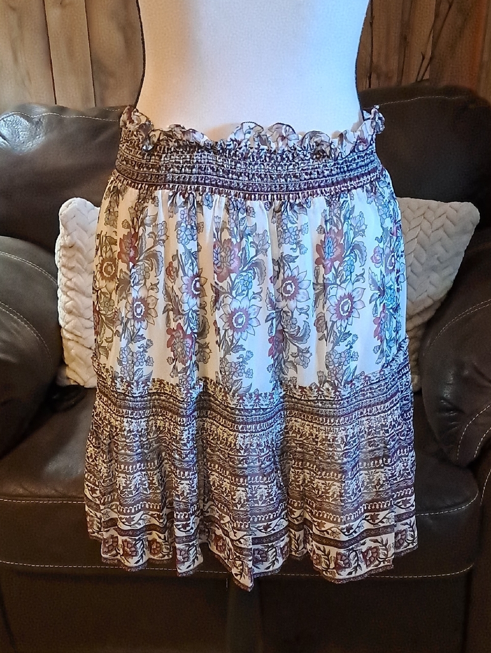 Anthropologie Boho Floral Tiered Ruffle Smocked Waist Lined Skirt - Picture 4 of 7
